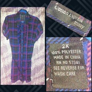 Cotton Express Missy brand Navy/Black/Multiclr Plaid Sheer Tunic Top Jrs Plus 2X